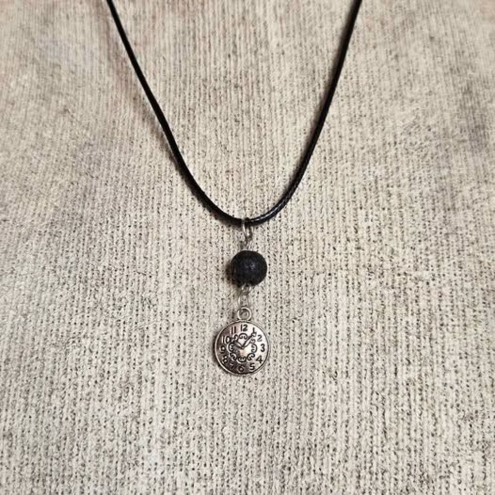 Black Lava Stone Aromatherapy Necklace with Clock Face Charm